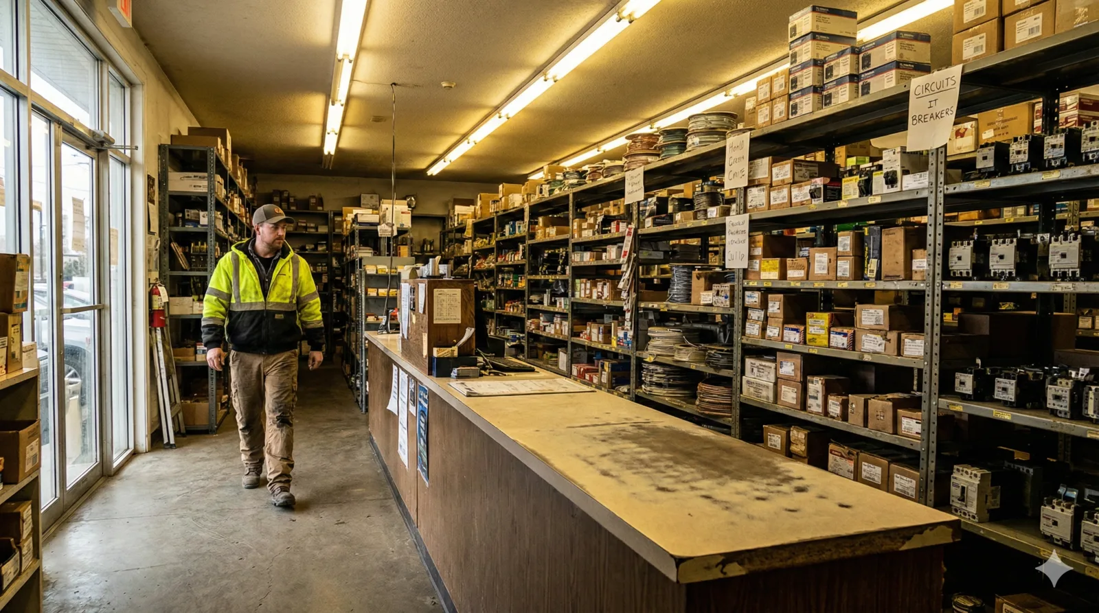 Mostrador de distribuidora eléctrica mexicana con estantes de componentes industriales