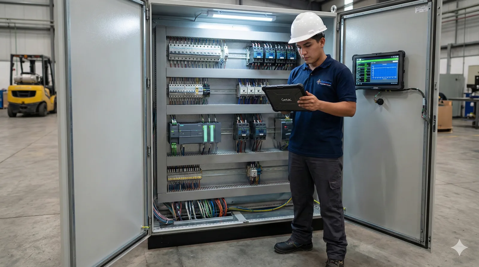 Ingeniero de ORZA con tablet frente a tablero de control eléctrico industrial abierto