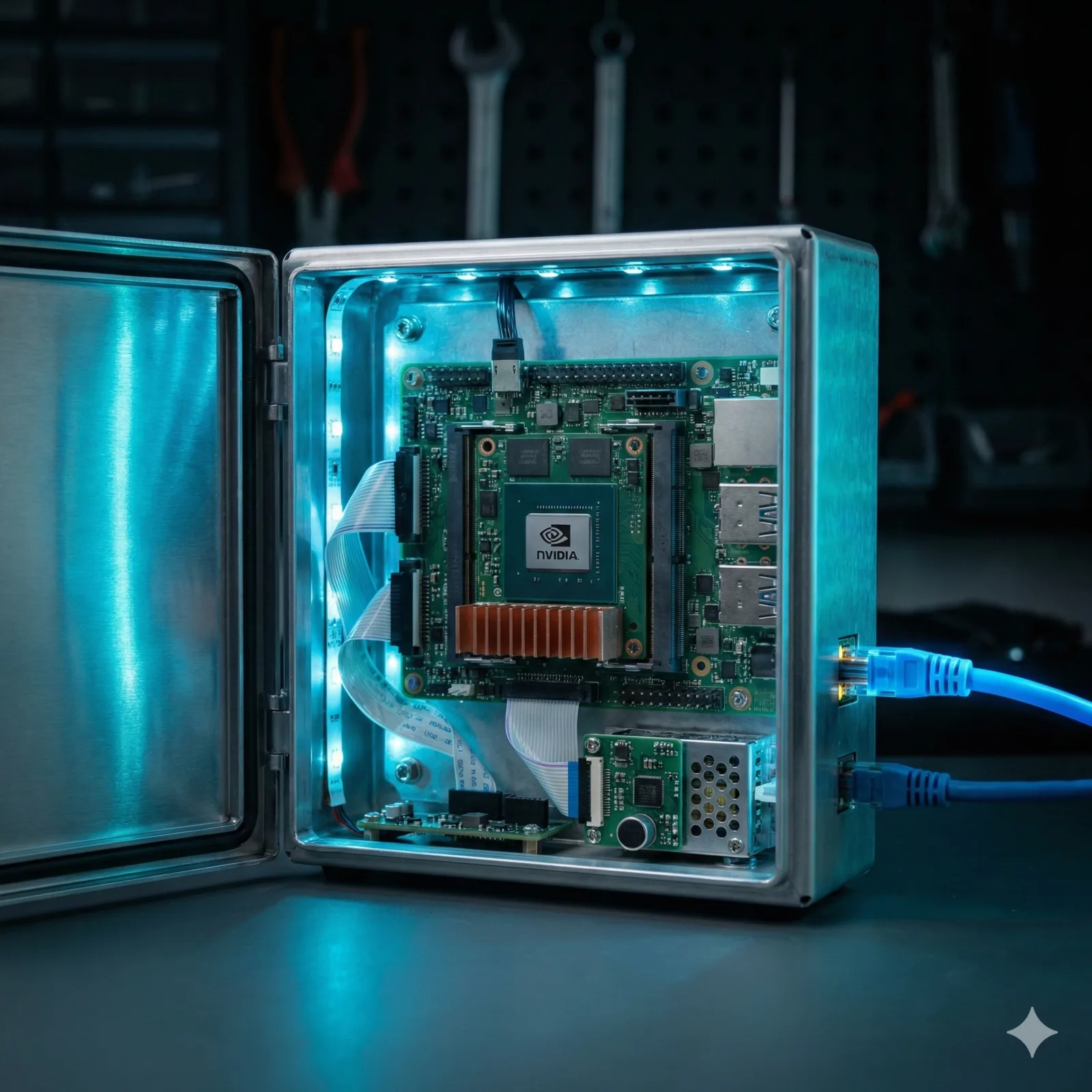 Macro close-up de módulo NVIDIA Jetson Orin dentro de enclosure industrial con iluminación azul