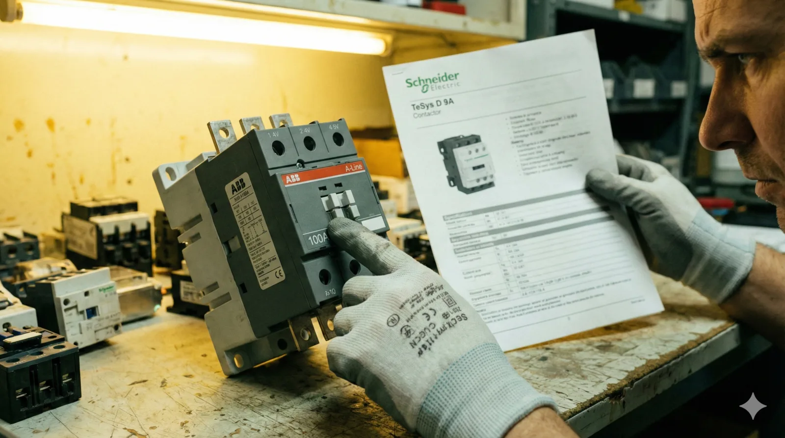 Manos sosteniendo un contactor industrial junto a hoja de especificaciones que no coincide