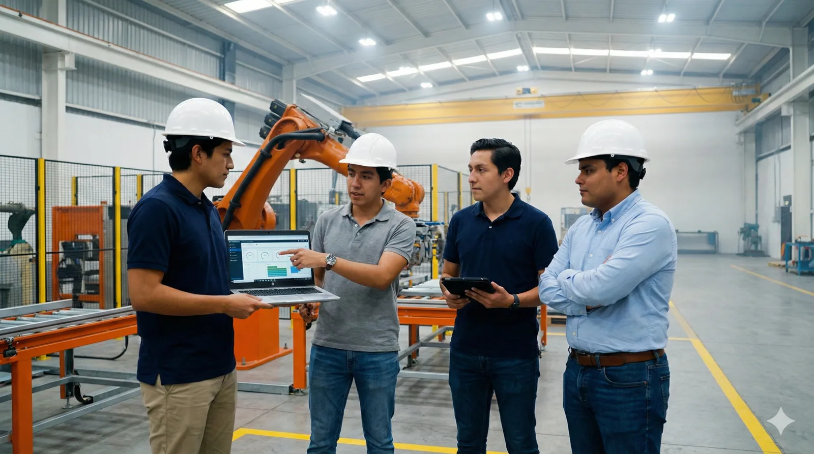 Equipo de cuatro ingenieros jóvenes de ORZA en nave industrial con laptops y cascos