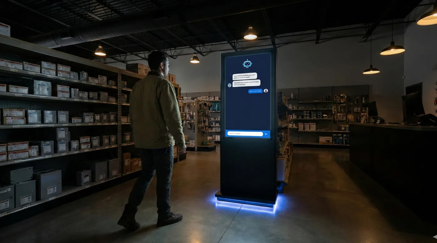 Kiosk digital ORZA Pulse en entrada de distribuidora eléctrica con interfaz de chat